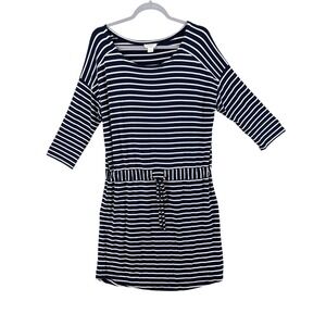Loft Outlet Lounge Dress Womens Large Navy‎ White Striped Drawstring 3/4 Sleeve
